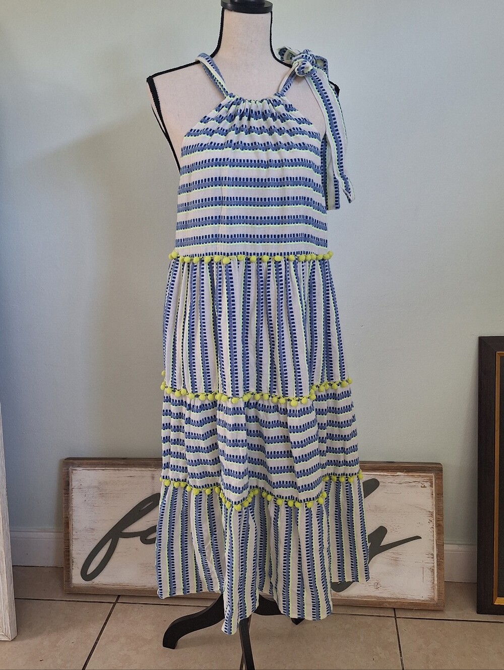 Tessora Anthro Blue White Yellow Pompom Tiered Shoulder Bow Halter Maxi Dress S